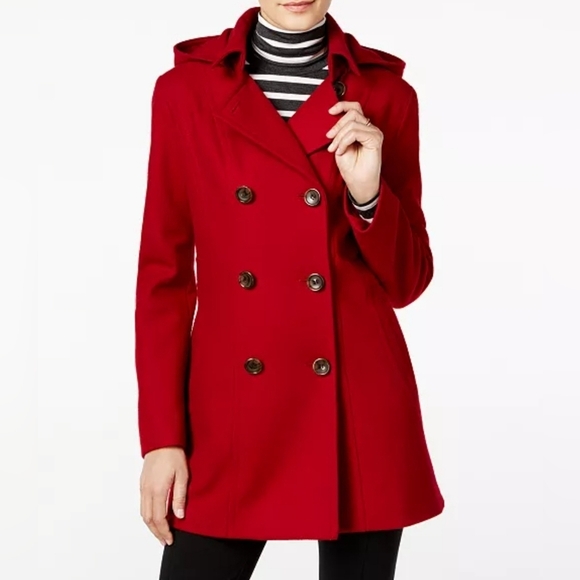 INTL DETAILS Womens RED Double Breasted Pea Coat MEDIUM Removable Hood - Picture 11 of 11